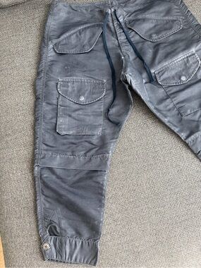 Greg Lauren grey blue satin distressed cargo pants
